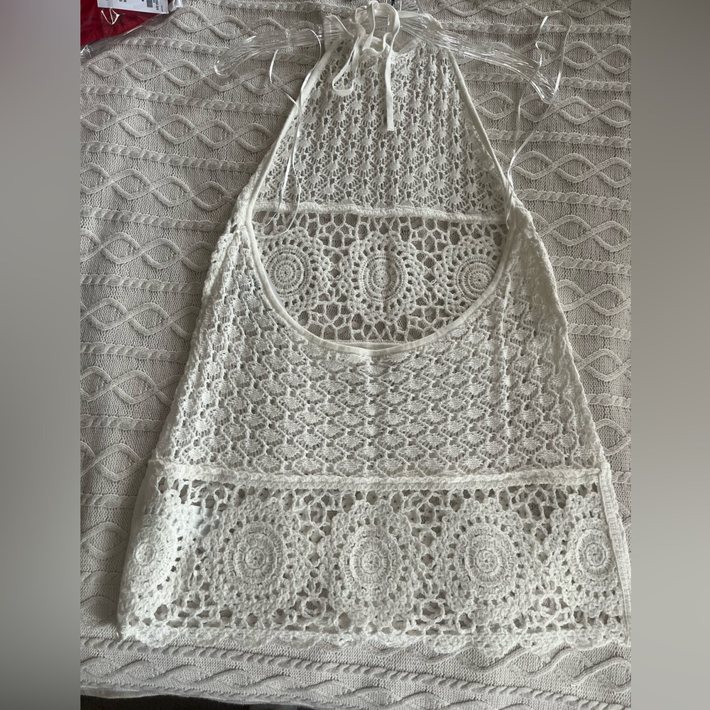 New! Hollister Swim Coverup White Crochet Backless with Neck Tie Size Small - Picture 2 of 12